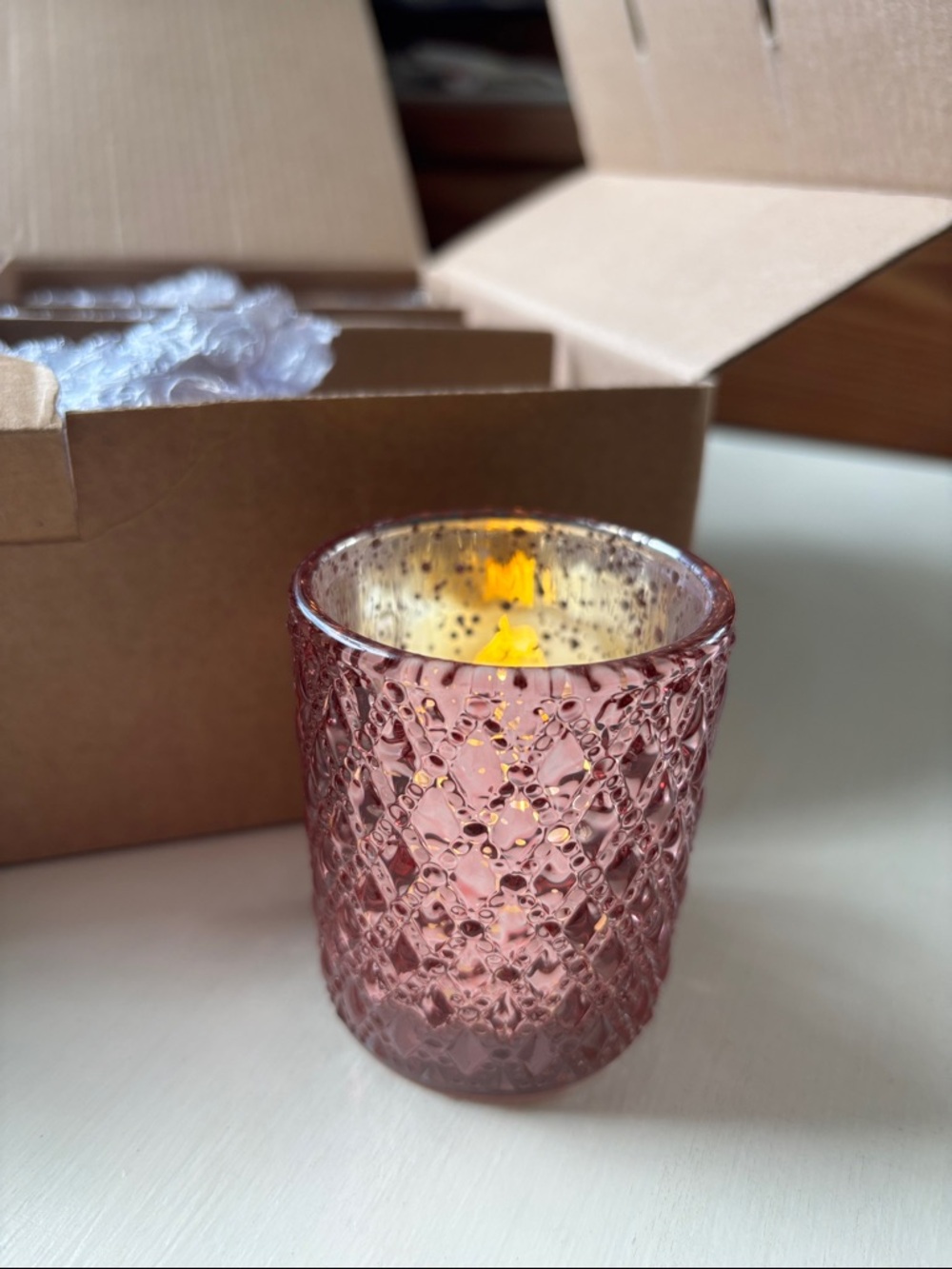 Pink mercury glass quilted Votive Candle Holder - Home, wedding set of 12 NIB
